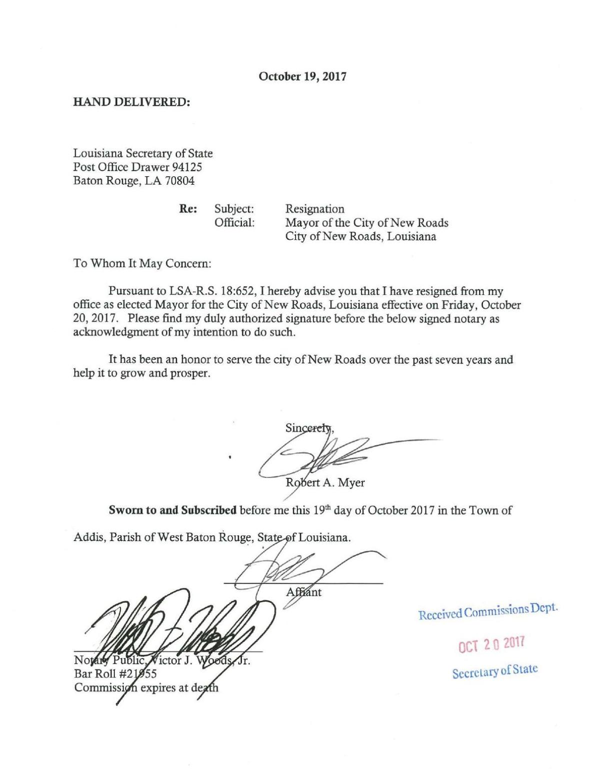 New Roads mayor Robert Myer submits resignation over credit card