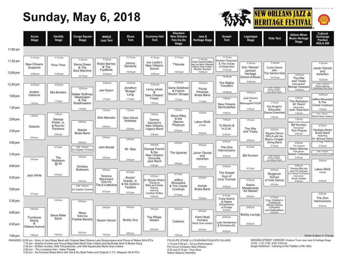 See 2018 New Orleans Jazz Fest schedule 'cubes' who's playing when and