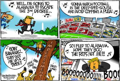 Walt Handelsman: Trump sings his way to the LSU/BAMA game in this cartoon...