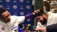 As LSU's Breiden Fehoko tests reporter skills, Grant Delpit's advice: 'Get a haircut'