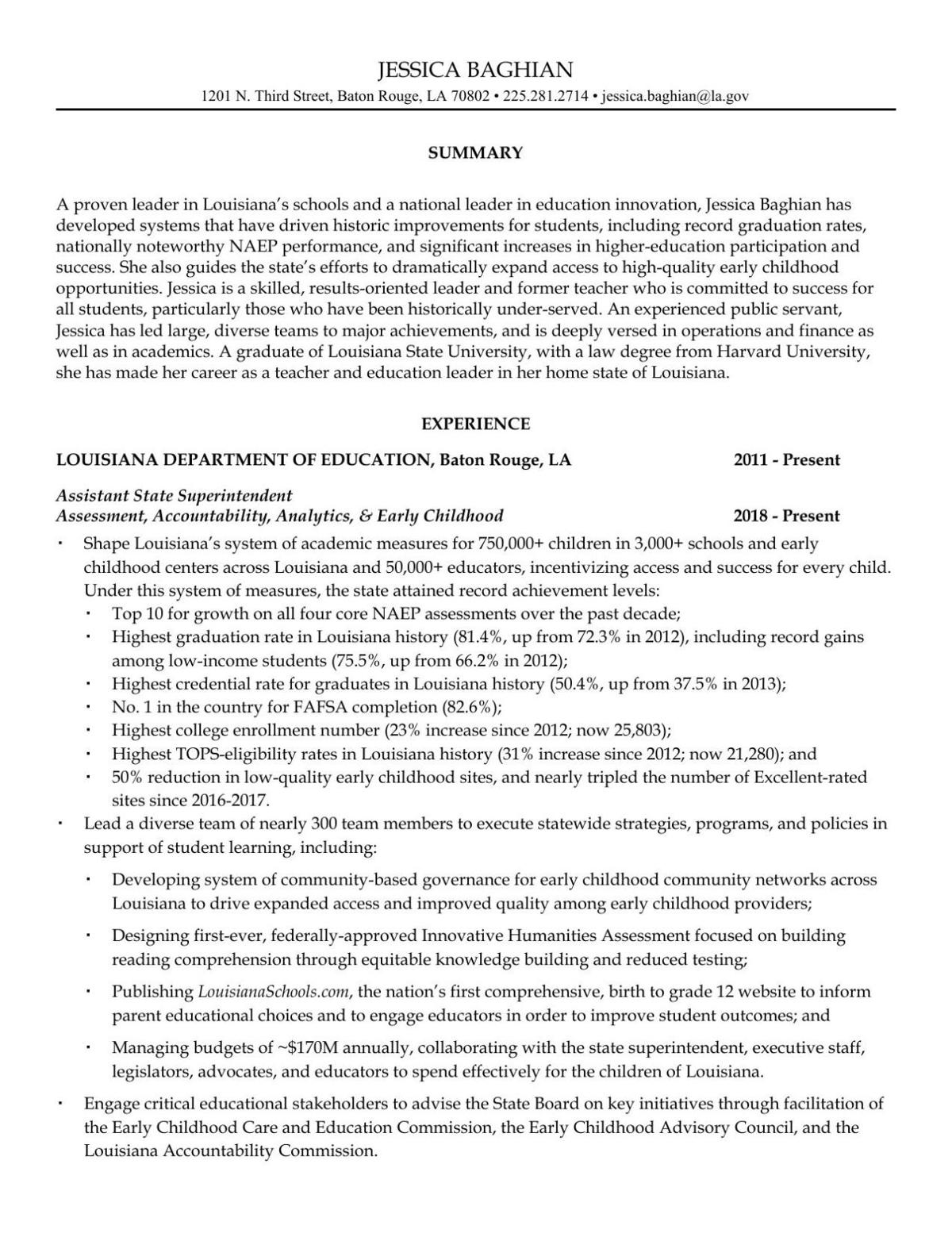 Jessica Baghian Resume For State Superintendent Application Theadvocate Com