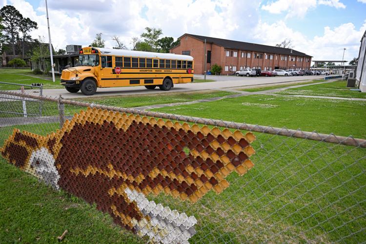 A school bus drives out of Napoleonville Middle School in Assumption Parish on Wednesday, March 31, 2026.