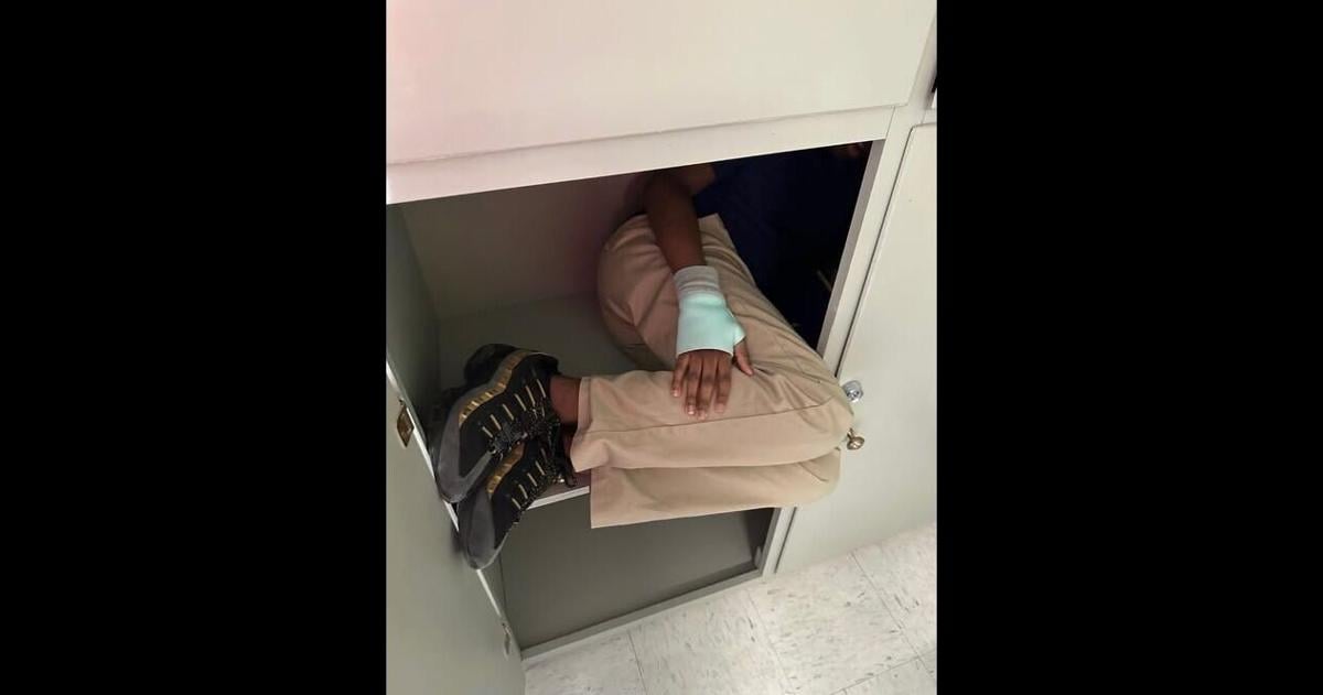 Photo of student with autism in a cabinet rocks Gonzales Middle