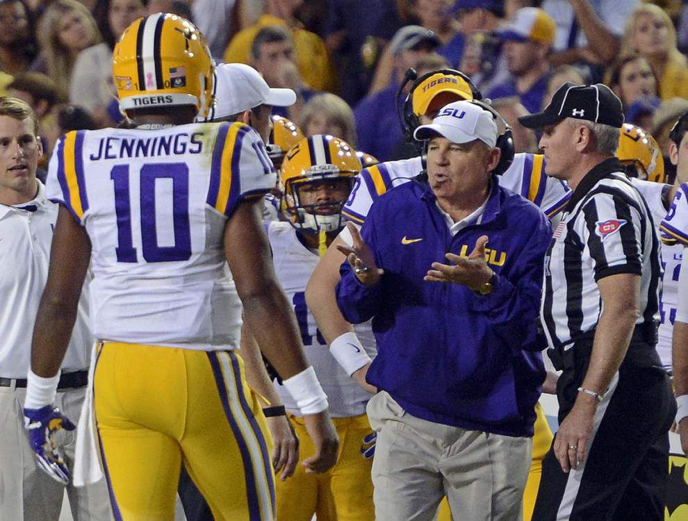 LSU coach Les Miles says a decision on the quarterback future is "down the road" _lowres