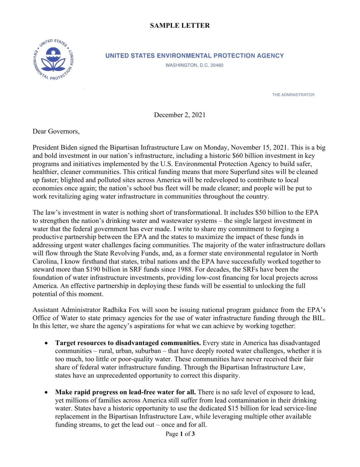 EPA Administrator Michael S. Regan letter Dec. 2, 2021 | 