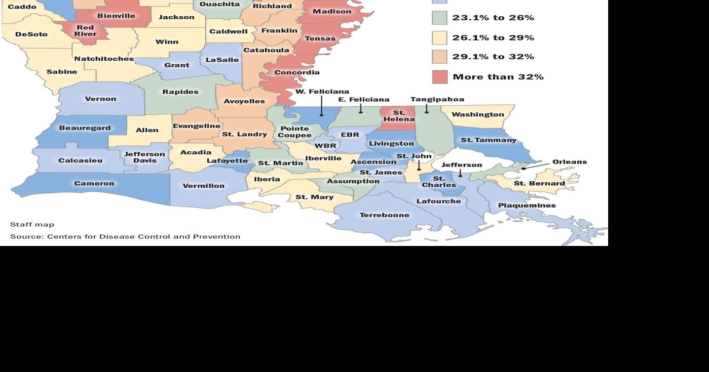 One parish nears 50% food insecure adults, the highest in the nation. See Louisiana data.