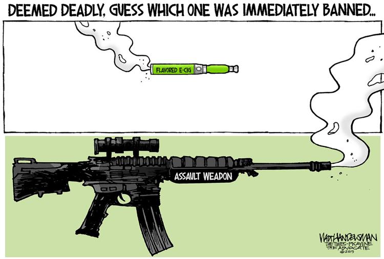 Image:  Assault rifle and vape tube.   Caption:  Deemed deadly.   Guess which one was immediate banned.