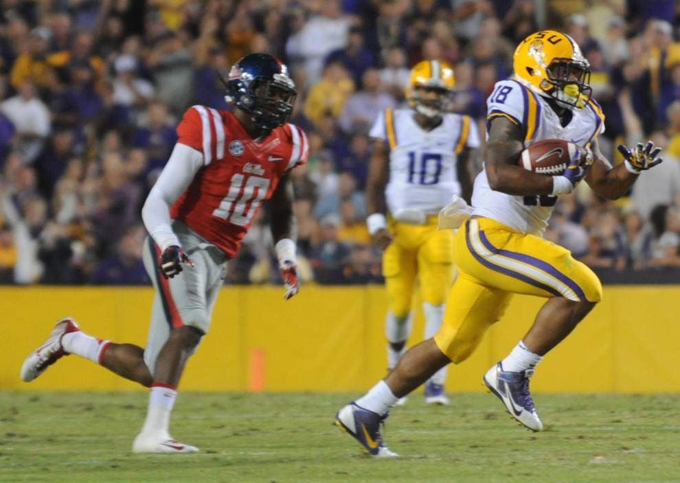 LSU coach Les Miles says running back Terrence Magee is fine after getting 'gouged' in the eye _lowres