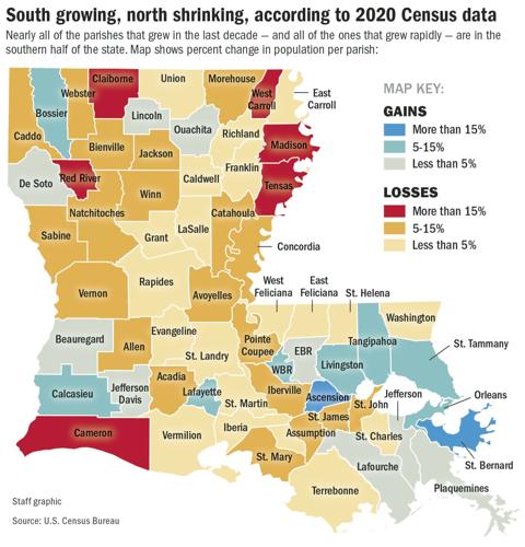 Louisiana population change map (2020 Census)