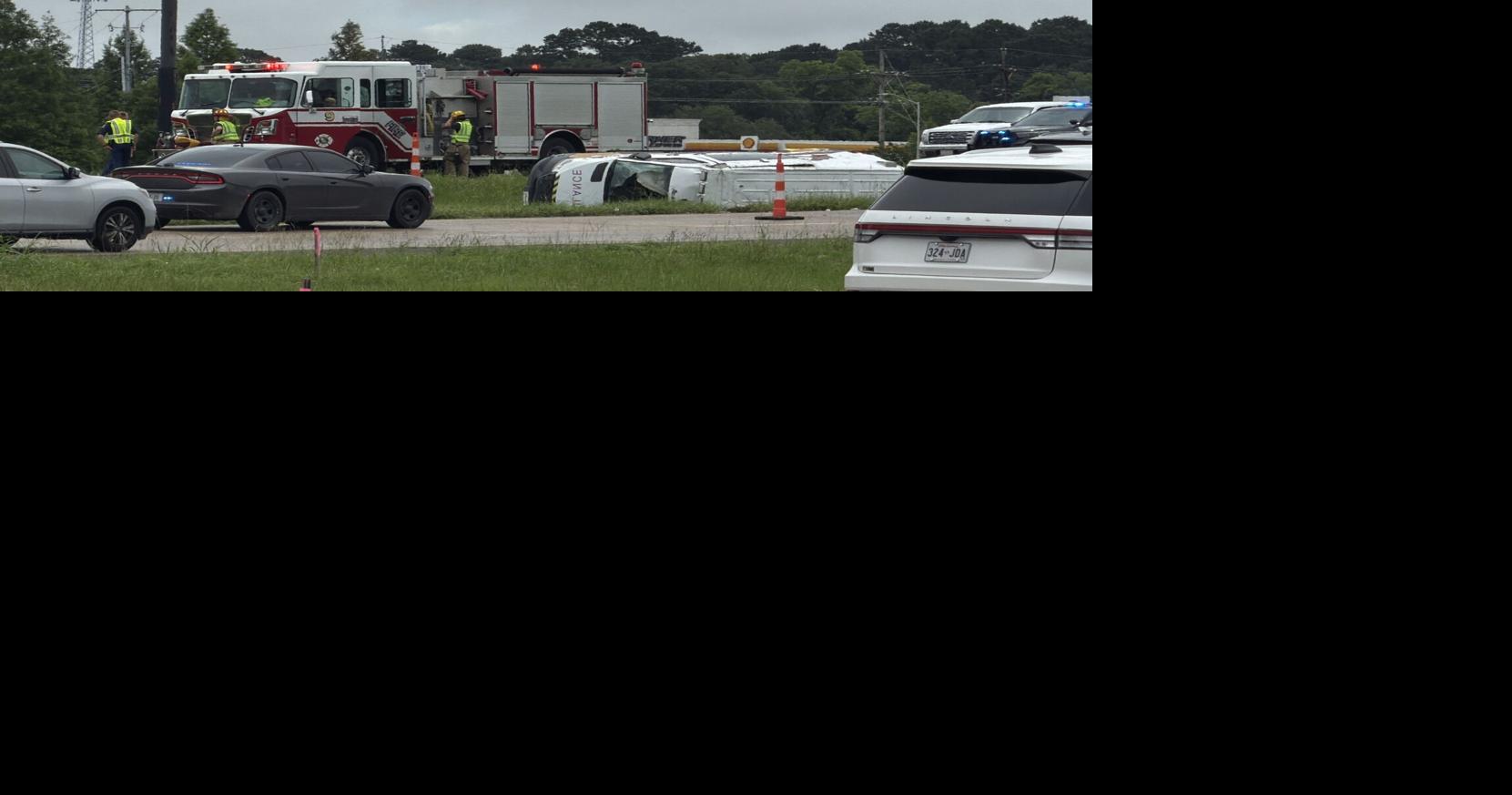 Two injured after crash involving overturned ambulance on I-49 in Lafayette