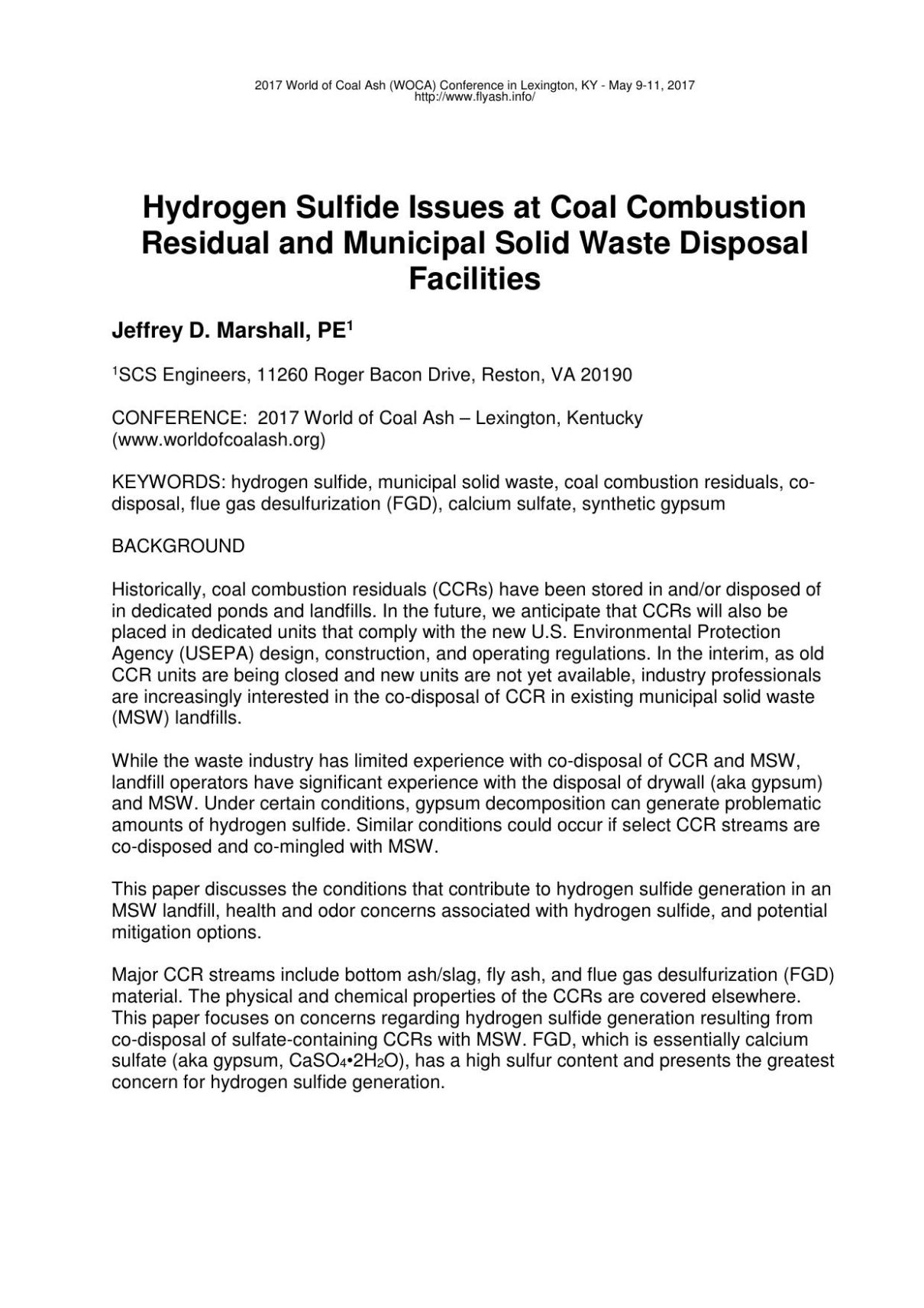 Research Paper on Fly Ash and Hydrogen Sulfide
