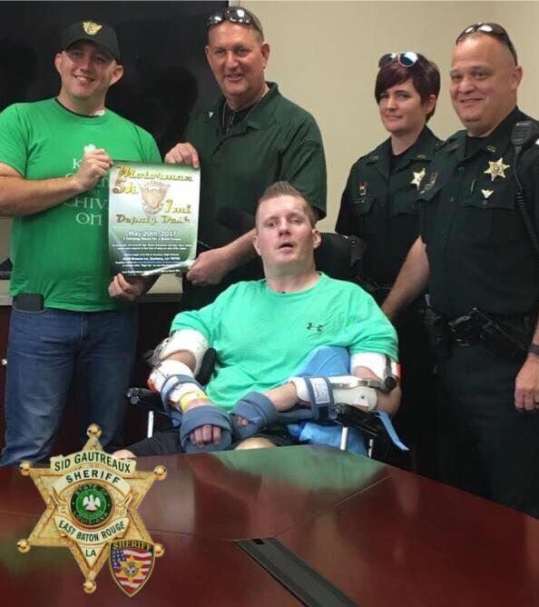 Injured Baton Rouge deputy Nick Tullier speaks the word 'Hello' in