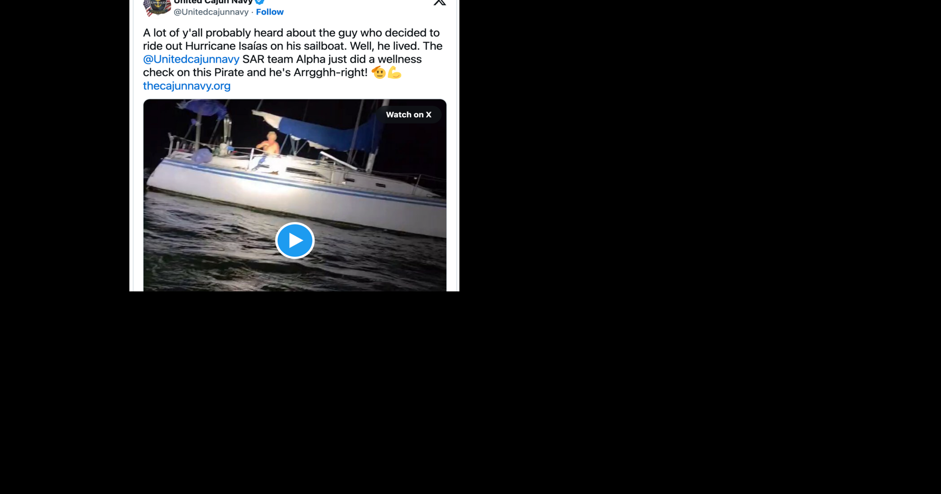 Boater who went viral for riding out Isaias in the Gulf survives the night: ‘Holy cow' Oct 10, 2026 10 mins ago 1 min to read