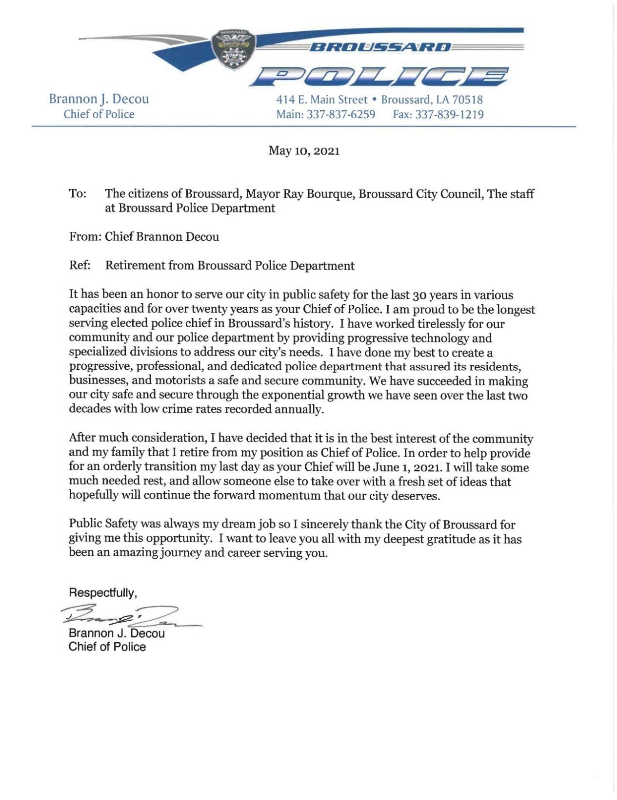 Broussard Police Chief Retirement Letter