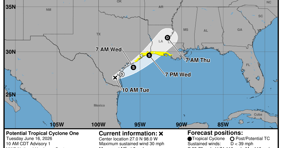 Gulf disturbance expected to make landfall near LA-TX line as Tropical Storm Arthur, NHC says
