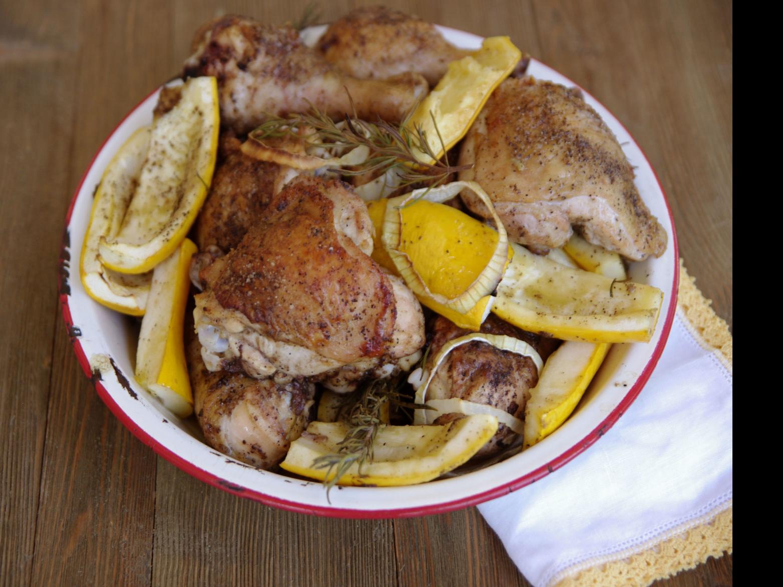 I Eat La Recipes For Baked Chicken Squash Eggplant Crisps With Cherry Tomato Sauce Food Restaurants Theadvocate Com Bake for 1 hour or until the chicken is cooked through and the skin is crisp. the advocate