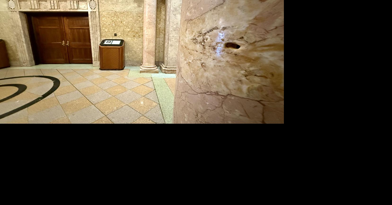 Are the bullet holes from the shooting of Huey Long still visible in Louisiana's State Capitol?