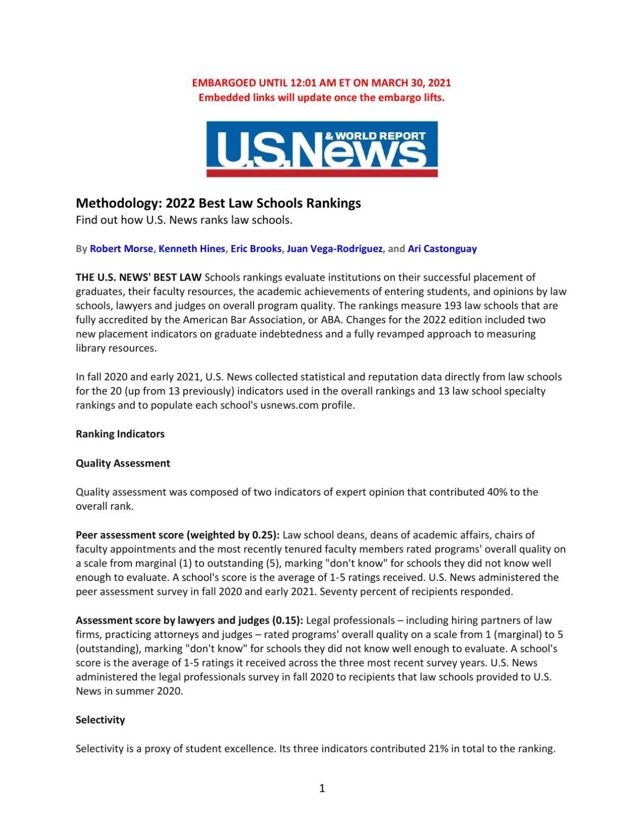 US News ranking methodology