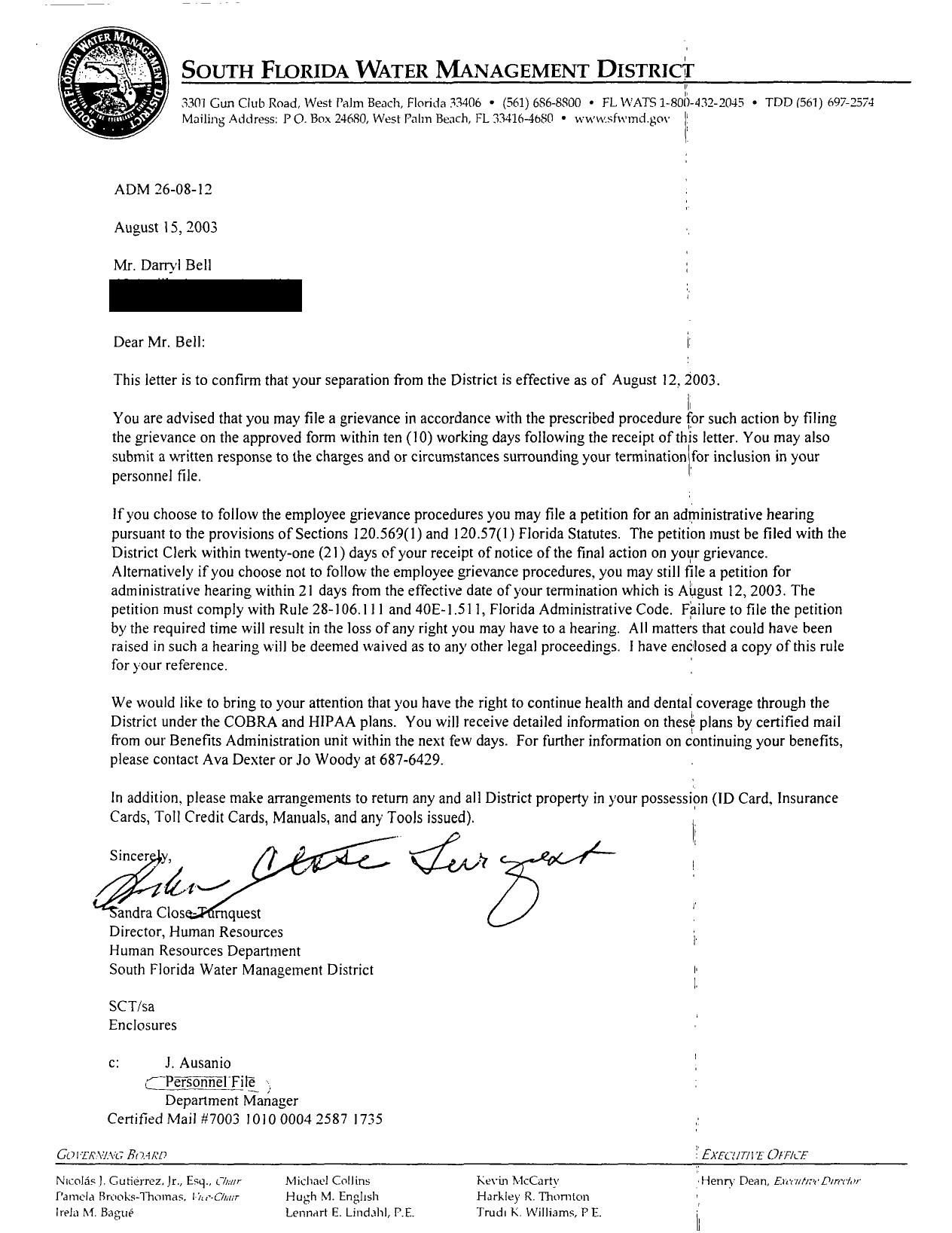 Troy Bell water termination letter