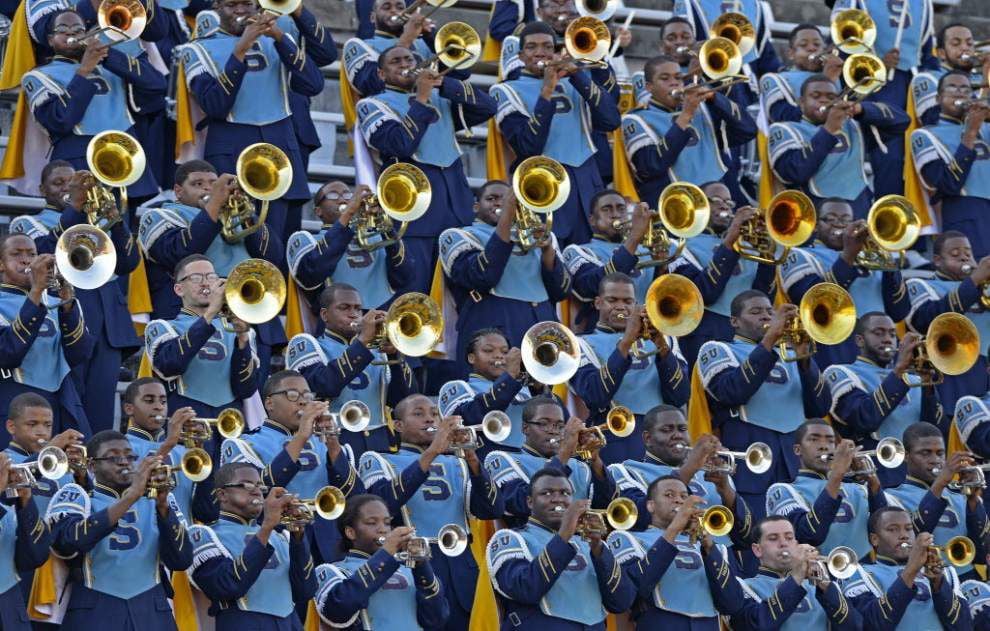 The Southern University Marching Band plays at halftime of its game