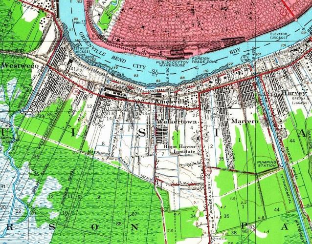 1950 map of Company Canal in Westwego at left and Harvey Canal in Harvey at right, from USGS.jpg