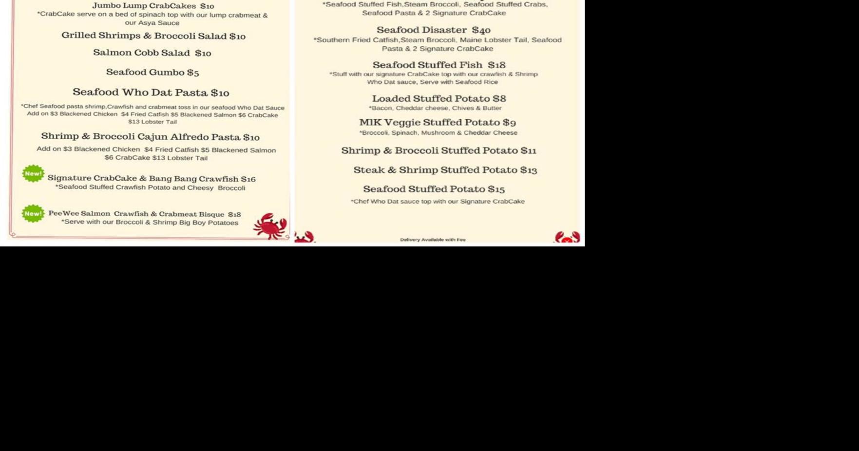 PeeWee's CrabCakes on the Go menu