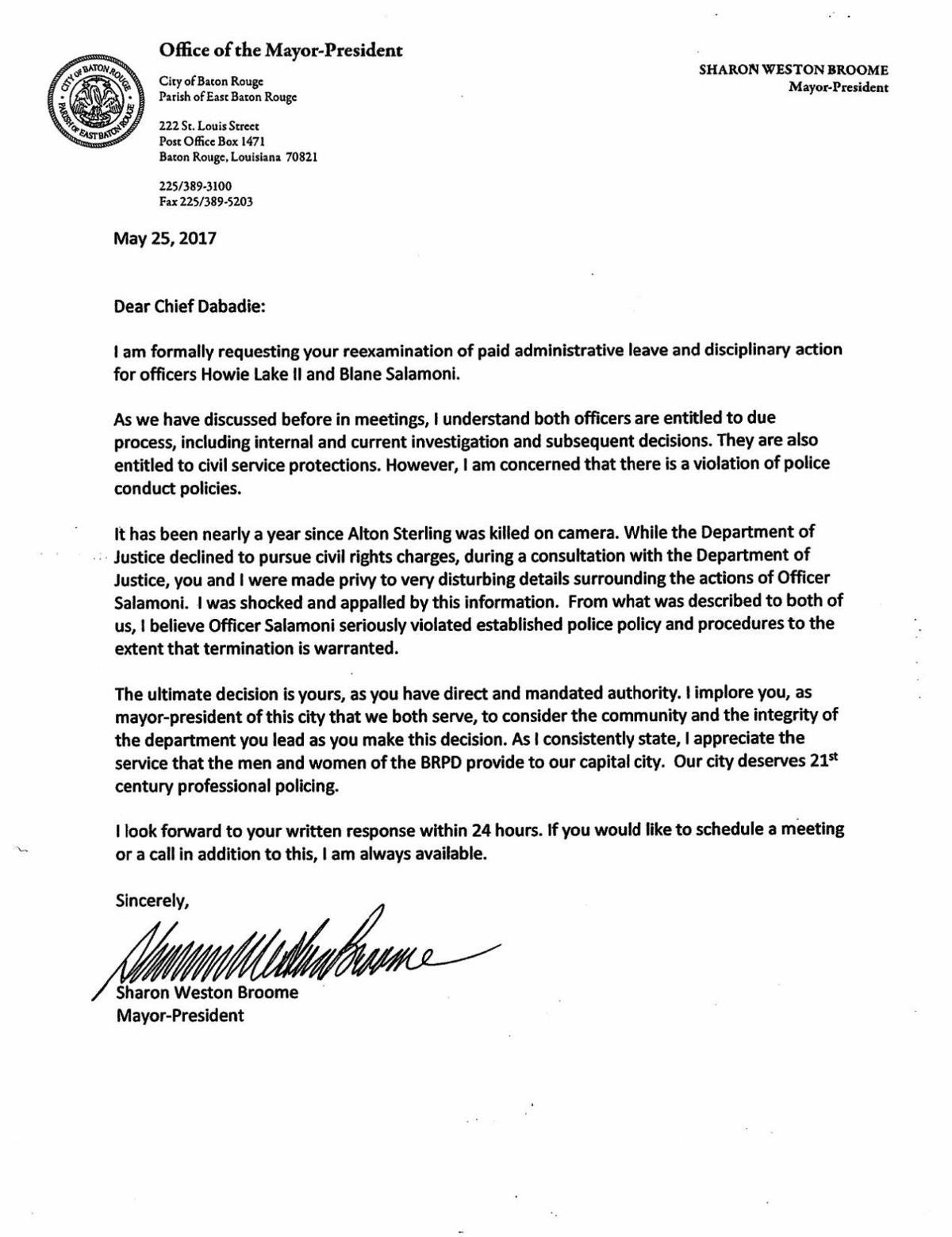 Mayor President Broome s Letter To Police Chief Carl Dabadie Calling mayor-president-broome-s-letter-to-police-chief-carl-dabadie-calling