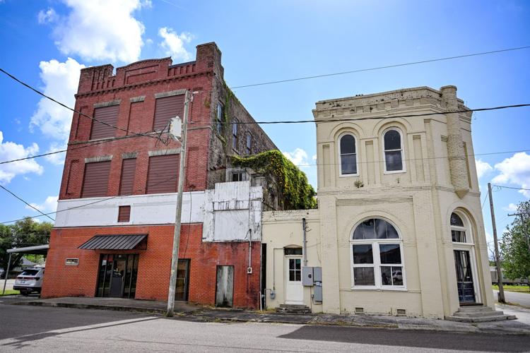 Foliage grows in between two abandoned buildings in Napoleonville on Wednesday, March 31, 2026.