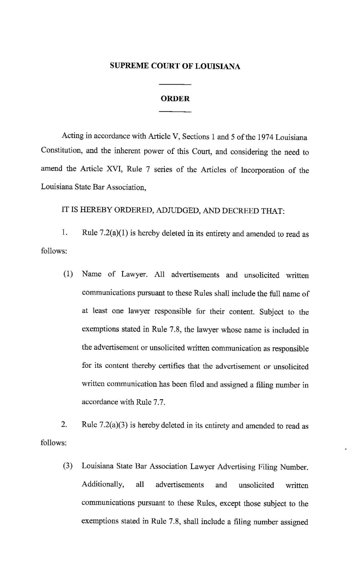 Louisiana Supreme Court order on lawyer advertising