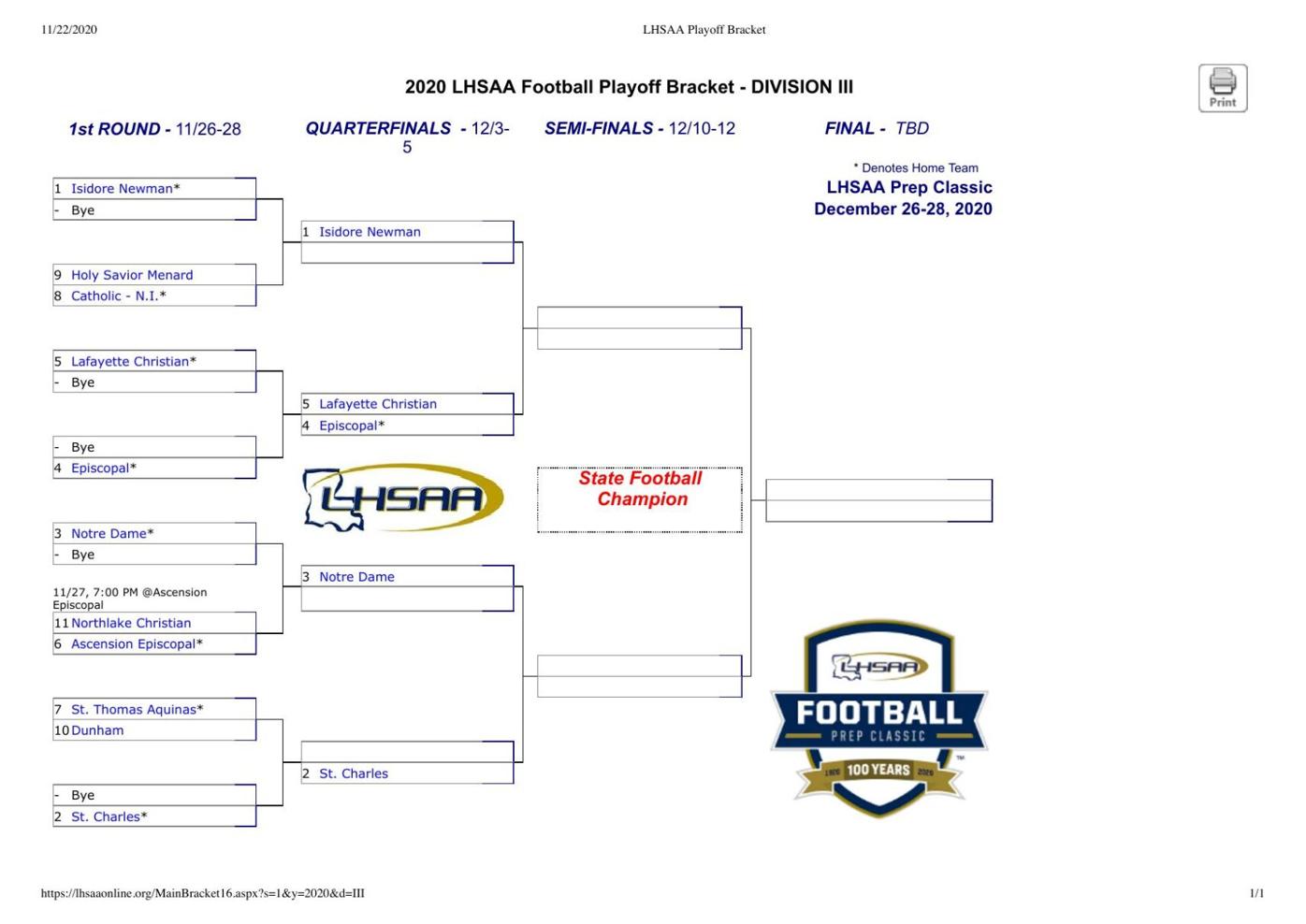 LHSAA 2020 Football Bracket DIII
