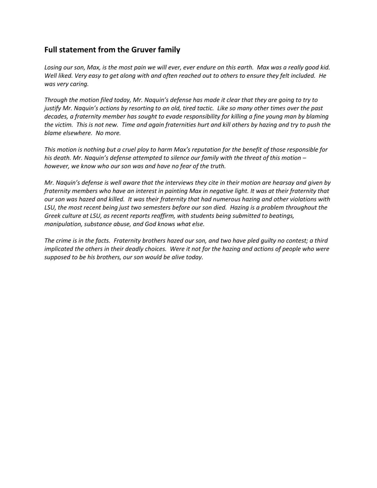 Full statement from Gruver family