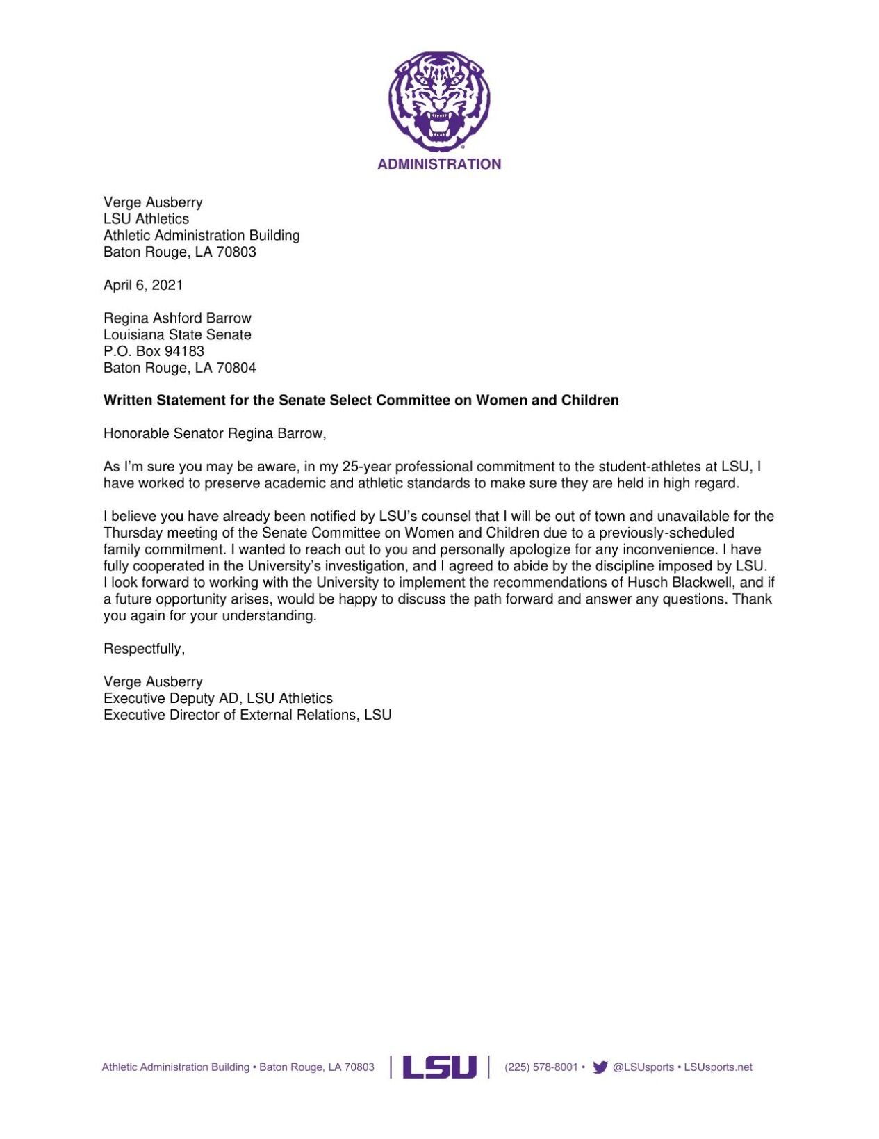 Verge Ausberry Senate committee letter | | theadvocate.com