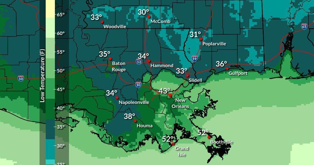 Die Kaltfront wird in Teilen von Louisiana Temperaturen nahe dem ...