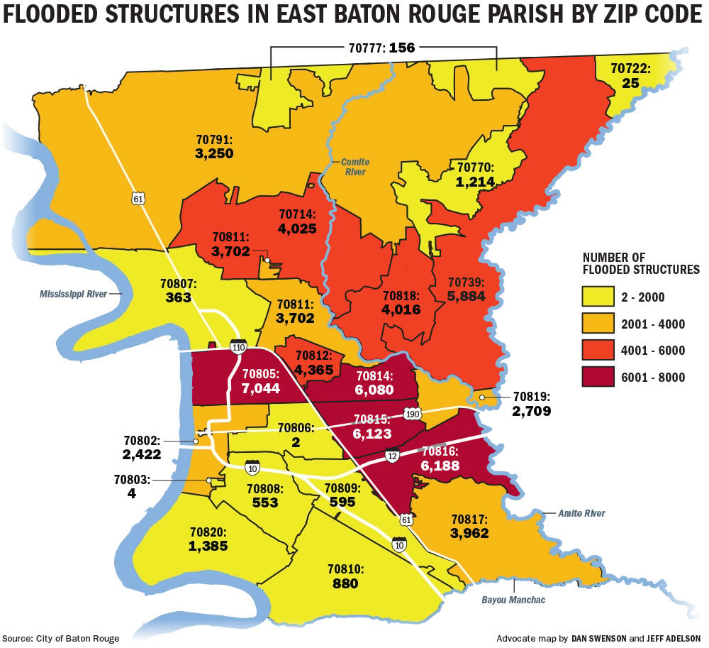 baton rouge zip code map Which Baton Rouge Zip Codes Were Hit Hardest New Data Lends Scope To Flooding Devastation Louisiana Flood 2016 Theadvocate Com baton rouge zip code map