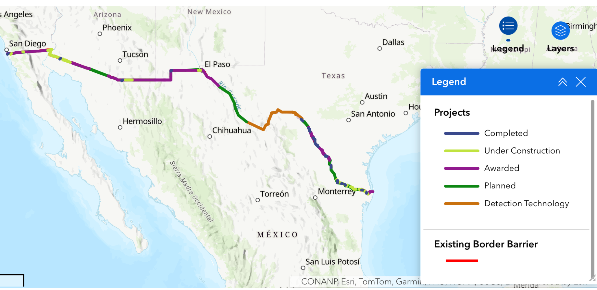 U.S. Customs and Border Protection map of border wall construction.