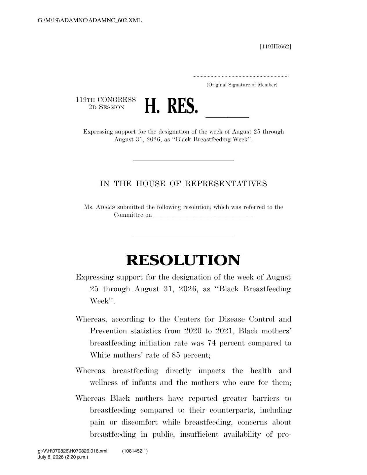 Adams pushes healthcare resolution for Blacks