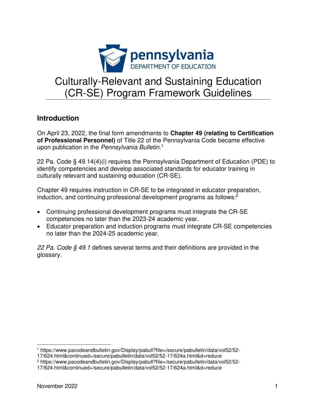 Pennsylvania Chapter 49 framework guidelines