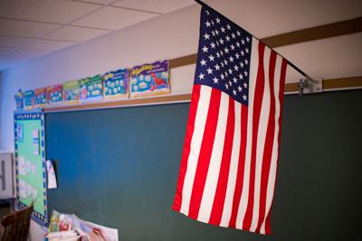 Interior, School, Classroom, Chalkboard, With, Flag