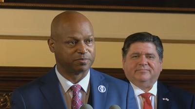 TCS Illinois House Speaker Emanuel "Chris" Welch, D-Hillside and Gov. J.B. Pritzker during news conference in May 2023