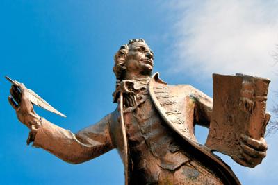 FILE - Thomas Paine statue in Norfolk, England