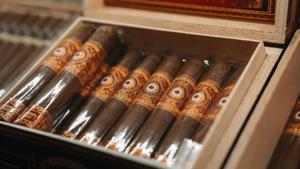 Cigars displayed in a wooden box