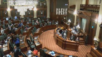 The Illinois House chamber during a late Friday evening