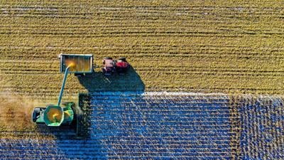 Aerial view of combine unloading corn into tractor in a field.