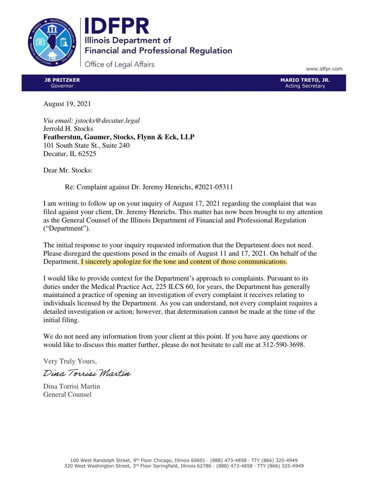 IDFPR letter about complaint against Dr. Jeremy Henrichs