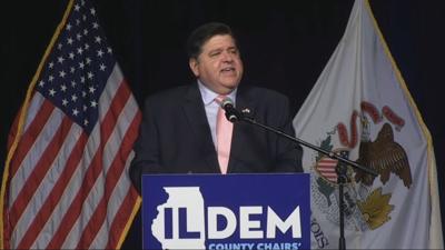 Illinois Gov. J.B. Pritzker during a speech in front of Illinois Democrats in Springfield
