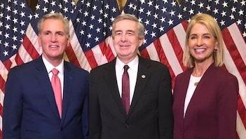 U.S. House Speaker Kevin McCarthy, R-California, Recently retired Air Force Col. Mark Hurley, and U.S. Rep. Mary Miller, R-Oakland