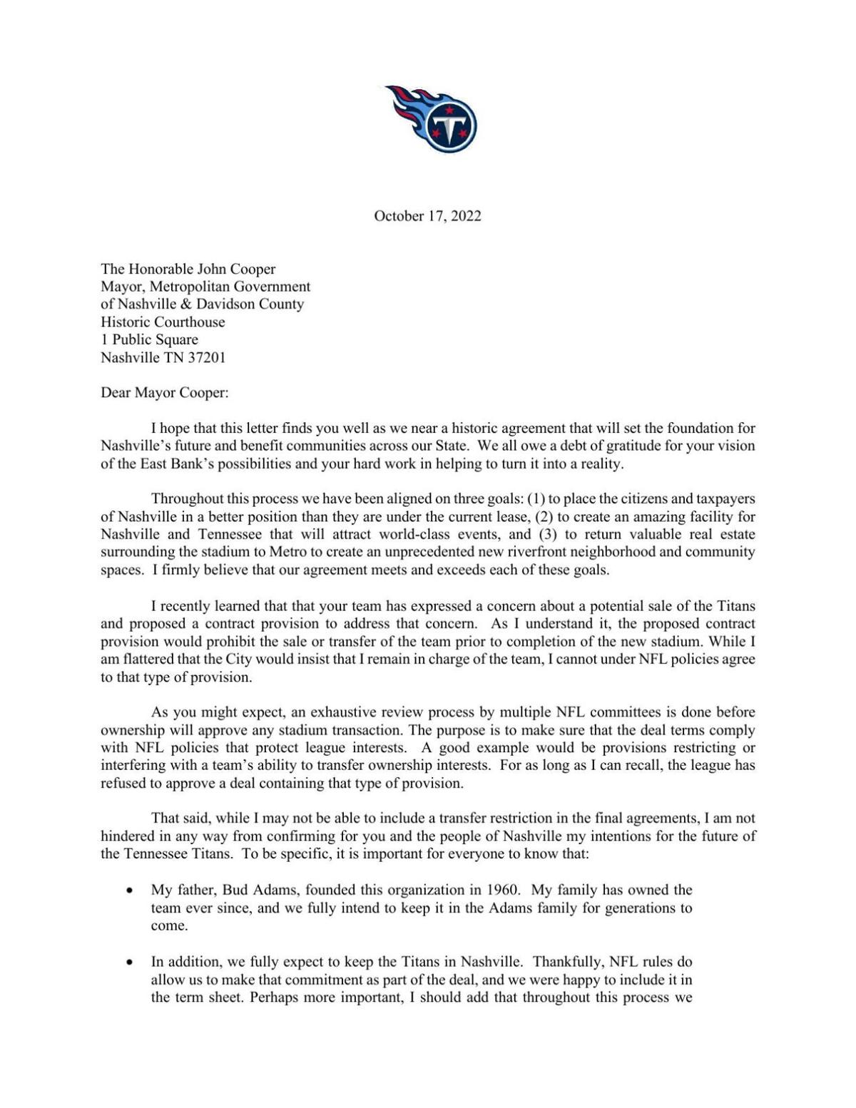 Letter to Cooper from Titans ownership