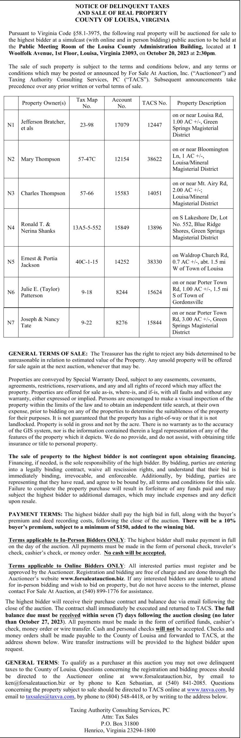 NOTICE OF DELINQUENT TAXES AND SALE OF REAL PROPERTY COUNTY OF LOUISA