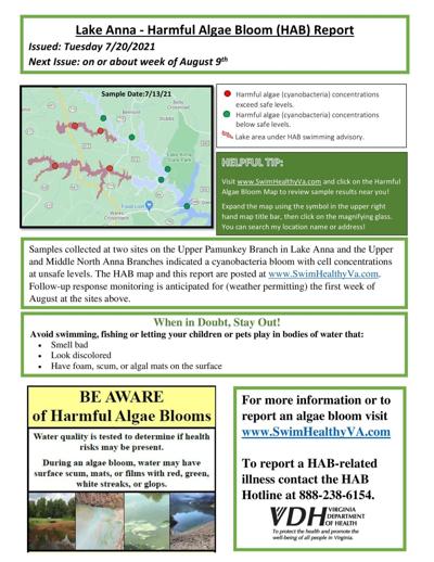 Expanded harmful algae advisory at Lake Anna