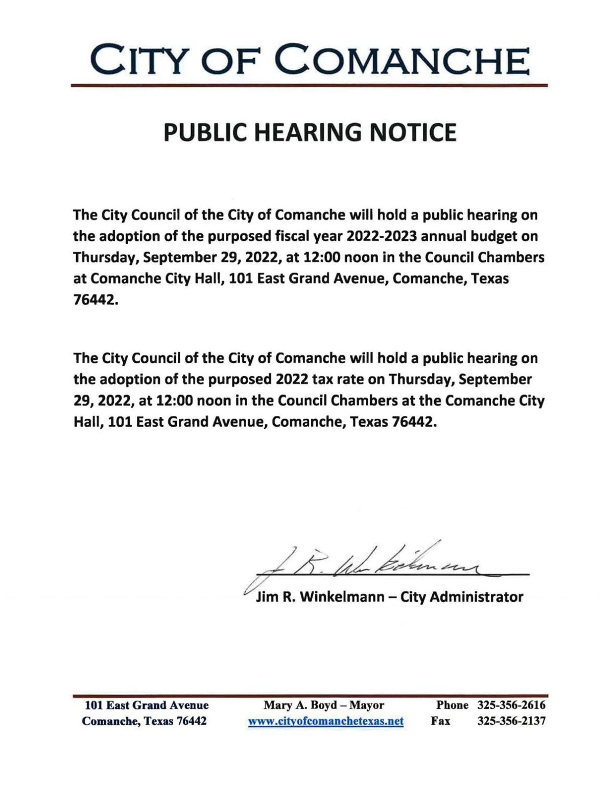 City of Comanche Notices September 2022